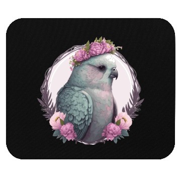 Discover Watercolor Gray Budgie Parakeet Bird Flower Crown Mouse Pads