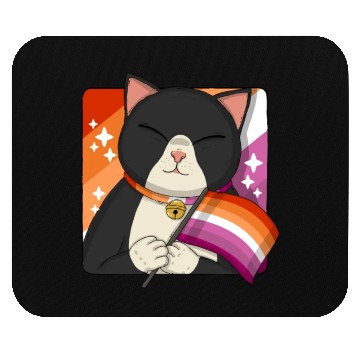 Discover Cute Tuxedo Cat Holding Lesbian Pride Flag Mouse Pads