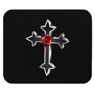 Discover black silver colored gothic cross with red rose Mouse Pads