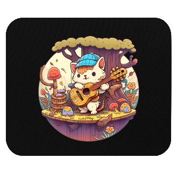 Discover Cute Kawaii Cat Playing Guitar Banjo On Log Mouse Pads