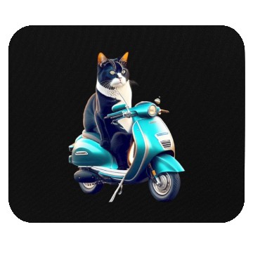 Discover 3D cute funny black cat rides a blue motorcycle Mouse Pads