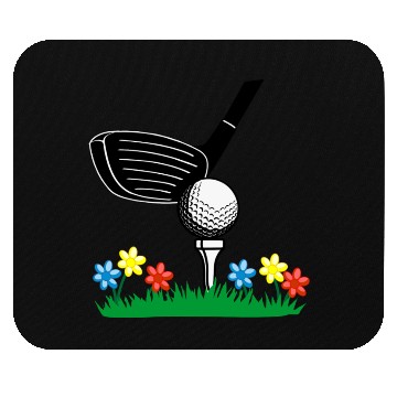 Discover Golf stick and ball on grass field with flowers Mouse Pads