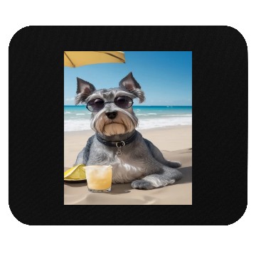Discover Schnauzer Chilling at Beach with a Drink Mouse Pads