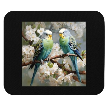 Discover Green and blue Parakeets with flowers Mouse Pads
