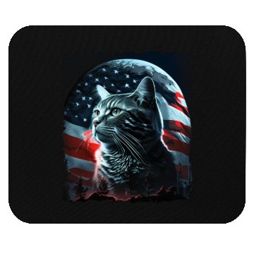 Discover America cat under Moon with American Flag Mouse Pads