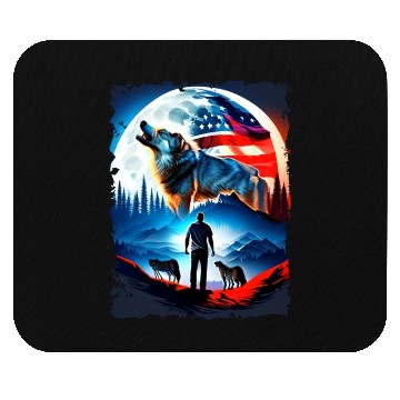 Discover America wolf under Moon with American Flag Mouse Pads