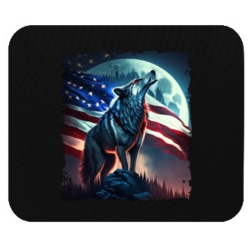 Discover America wolf under Moon with American Flag Mouse Pads