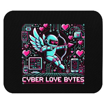Discover Cyber Love Bytes 8bit Cupid Robot and Neon Hearts Mouse Pads