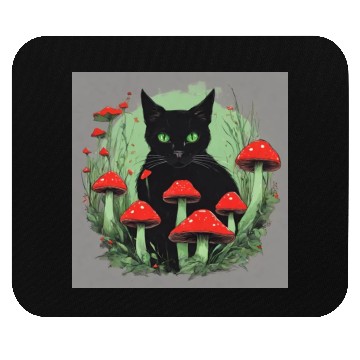 Discover Black Cat and Wild Red Mushrooms Mouse Pads
