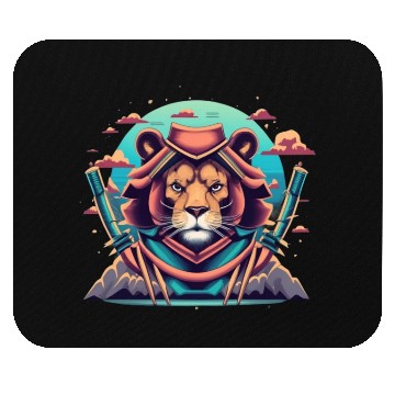 Discover Cartoon lion warrior with a hat Mouse Pads