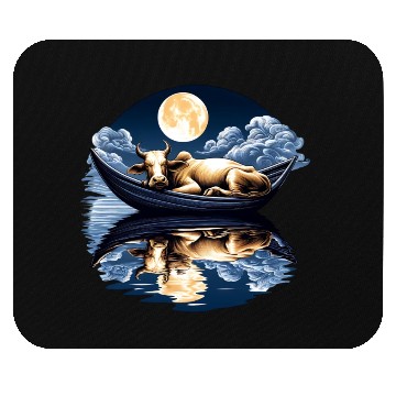 Discover Sleeping cow in boat under the moon Mouse Pads