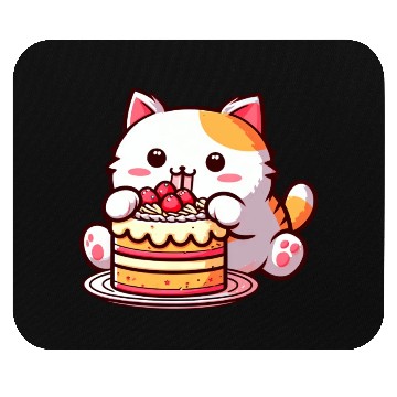 Discover Cherry Cake Delight: Sweet Comic Cat Indulges Mouse Pads