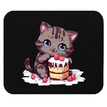 Discover Cherry Cake Delight: Sweet Comic Cat Indulges Mouse Pads