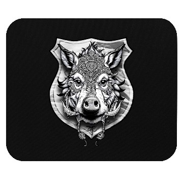 Discover shield with wild boar head - DIGITAL - grayscale Mouse Pads