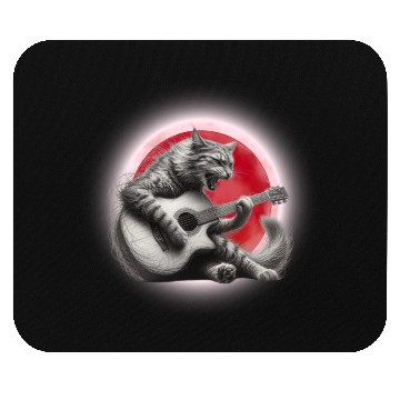 Discover Rock Cat Playing Guitar Mouse Pads under the red moon