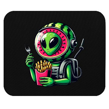 Discover Alien with watermelon helmet eats fries Mouse Pads