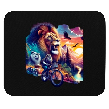 Discover Lion on a bike Mouse Pads