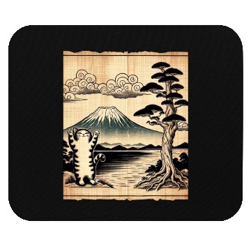 Discover Mt. Fuji Kitten Papyrus Scroll Retro Japanese Art Mouse Pads