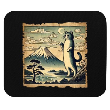 Discover Mt. Fuji Kitten Papyrus Scroll Retro Japanese Art Mouse Pads