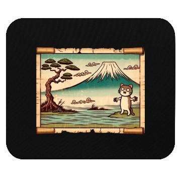 Discover Mt. Fuji Kitten Papyrus Scroll Retro Japanese Art Mouse Pads