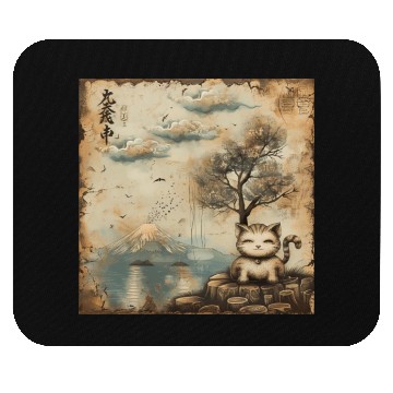 Discover Mt. Fuji Kitten Papyrus Scroll Retro Japanese Art Mouse Pads