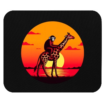 Discover Sunset Safari: Monkey Riding Giraffe Mouse Pads