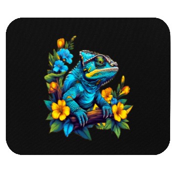 Discover Chameleon Sitting on Branch Surrounded by Flowers Mouse Pads