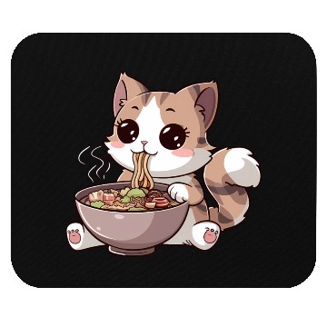 Discover Kawaii Cat Eating Ramen Mouse Pads