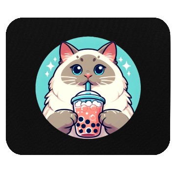 Discover Siamese cat having bubble tea Mouse Pads