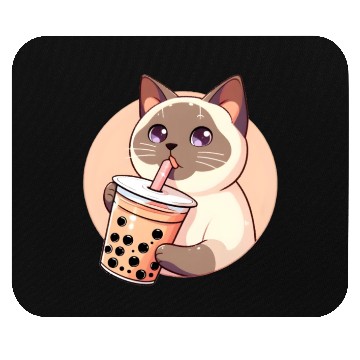 Discover Siamese cat having bubble tea Mouse Pads