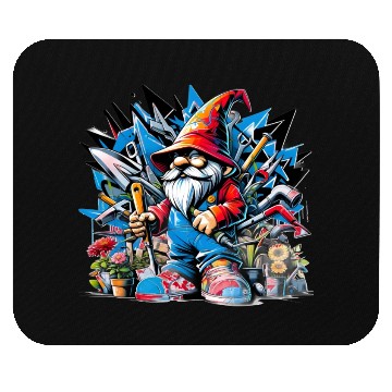 Discover Colorful, lively garden gnome surrounded by tools Mouse Pads