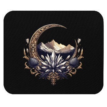 Discover Crescent moon in gold, with crystals and mountains Mouse Pads