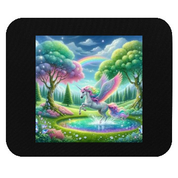 Discover Enchanted Rainbow Unicorn Over Sparkling Pond Mouse Pads