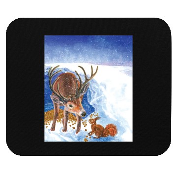 Discover Red Deer and Squirrel in Winter Illustration Mouse Pads