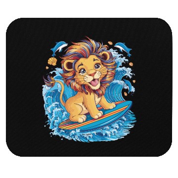 Discover Cute Surfing Lion Riding the Waves Mouse Pads