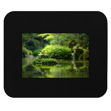 Discover Serene Pond with Bird on Mossy Rock Mouse Pads