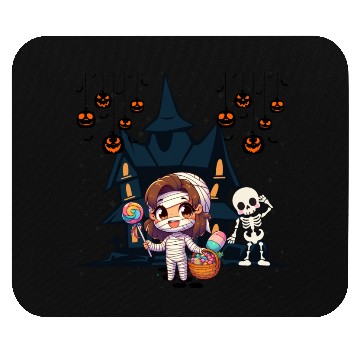 Discover Friendly mummy and skeleton illustration Mouse Pads