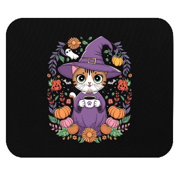 Discover Halloween Cute Witch Cat with Coffee Mug Mouse Pads