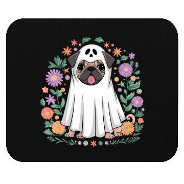 Discover Halloween Pug Ghost Surrounded by Flowers Mouse Pads