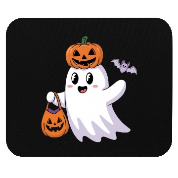 Discover Cute Halloween Ghost with Pumpkin and Bat Mouse Pads