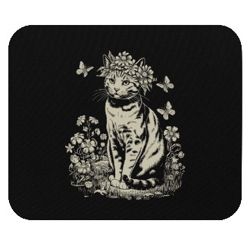 Discover Cottagecore Cat with Flower Crown in Garden Mouse Pads