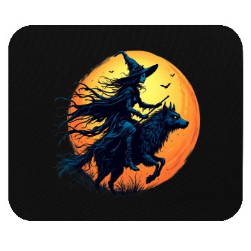 Discover Halloween Witch Riding a Wolf Under Full Moon Mouse Pads