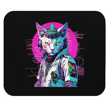 Discover Neon Cyberpunk Warrior Cat Mouse Pads