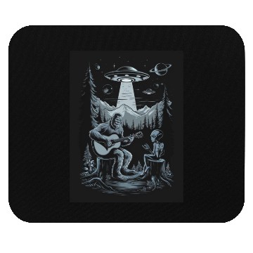 Discover Bigfoot an alien UFOs playing guitar forest night Mouse Pads