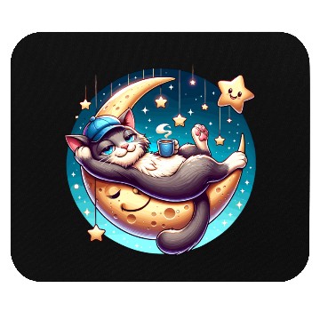 Discover Cute Cat Relaxing on Moon with Stars and Coffee Mouse Pads
