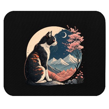 Discover Nighttime Serenity: Cat, Cherry Blossoms, Mountain Mouse Pads