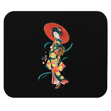Discover Elegant Geisha with Red Parasol and Floral Kimono Mouse Pads