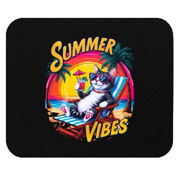 Discover Summer Vibes Mouse Pads, Relaxed Cat with Summer Text