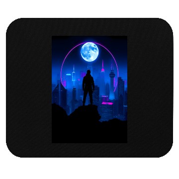 Discover Neon Futuristic Skyline with Glowing Moon Mouse Pads