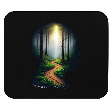 Discover Silhouette Face with Forest Path Mouse Pads.